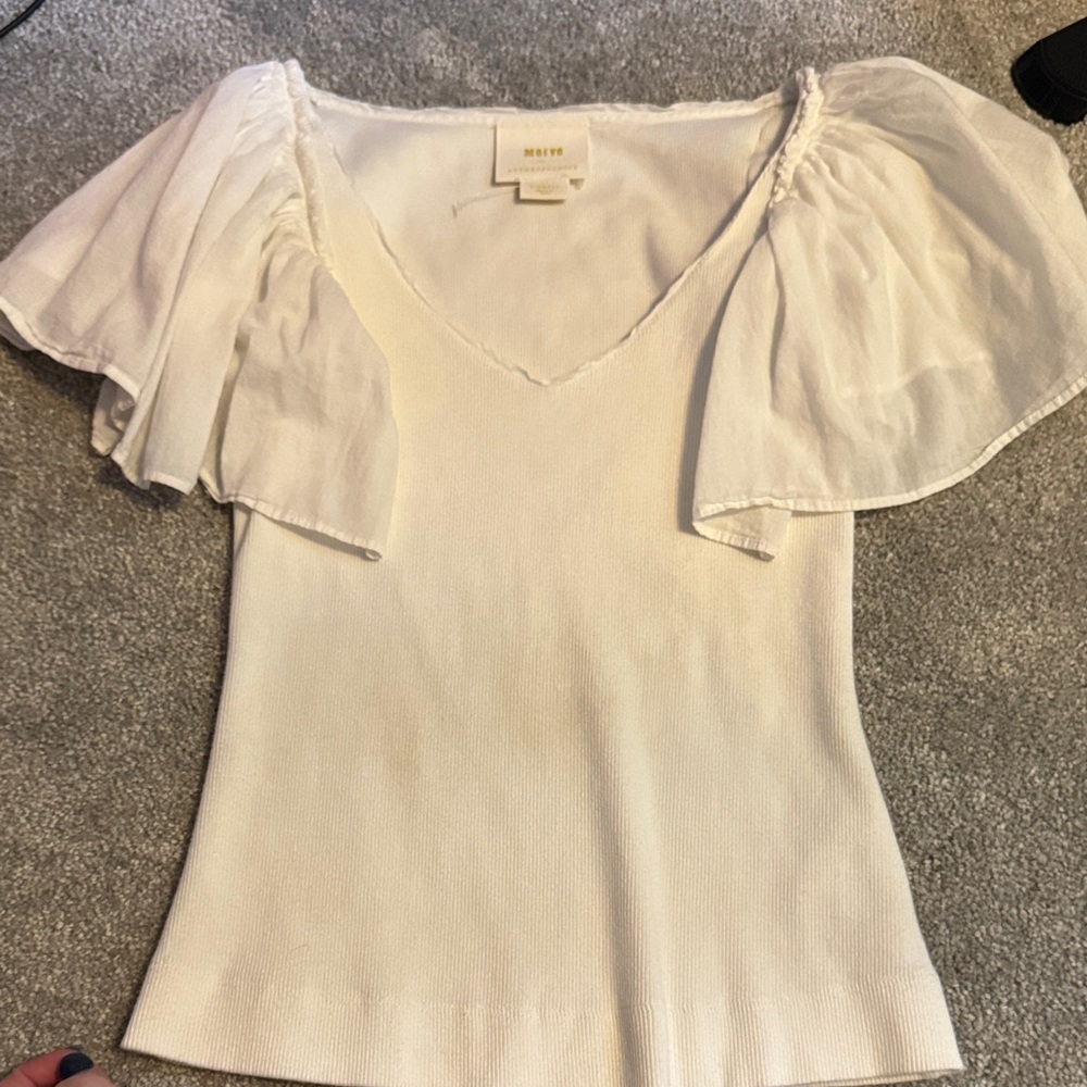 Anthropologie Ivory Flutter Sleeve Blouse
